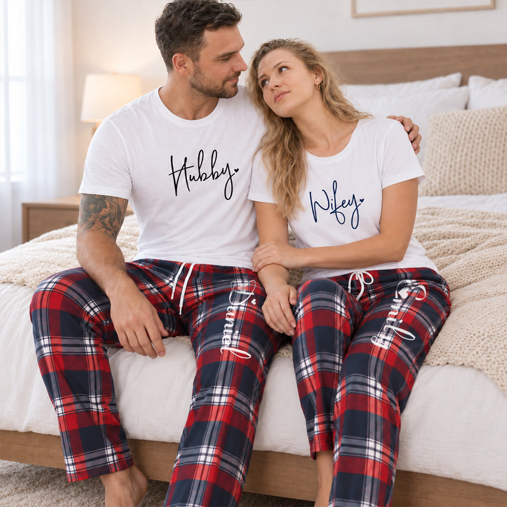 Personalized Wifey Hubby Couples Christmas Pajama Set Custom Matching Holiday Sleepwear with Names Cozy Christmas Gift for Couples
