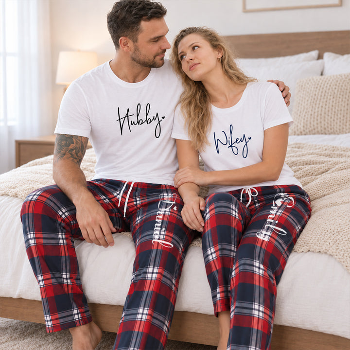 Personalized Wifey Hubby Couples Christmas Pajama Set Custom Matching Holiday Sleepwear with Names Cozy Christmas Gift for Couples