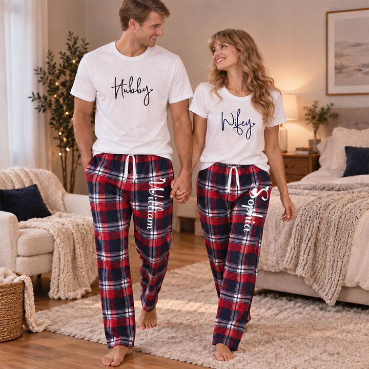Personalized Wifey Hubby Couples Christmas Pajama Set Custom Matching Holiday Sleepwear with Names Cozy Christmas Gift for Couples