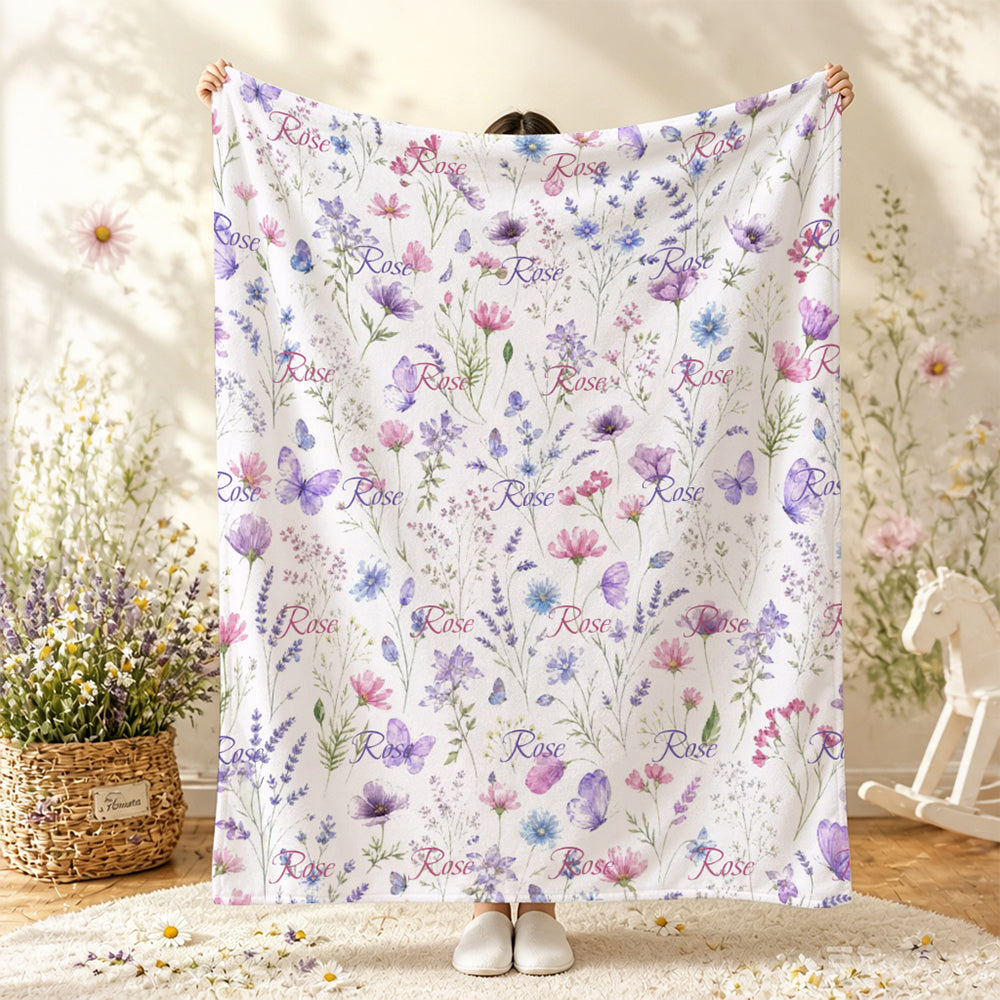 Personalized Wildflower Baby Flannel Blanket with Name Baby Shower Gift for Baby Girl