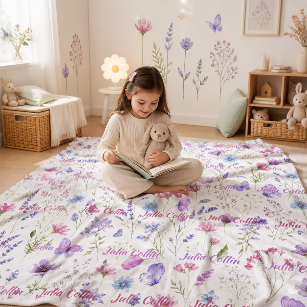 Personalized Wildflower Baby Flannel Blanket with Name Baby Shower Gift for Baby Girl