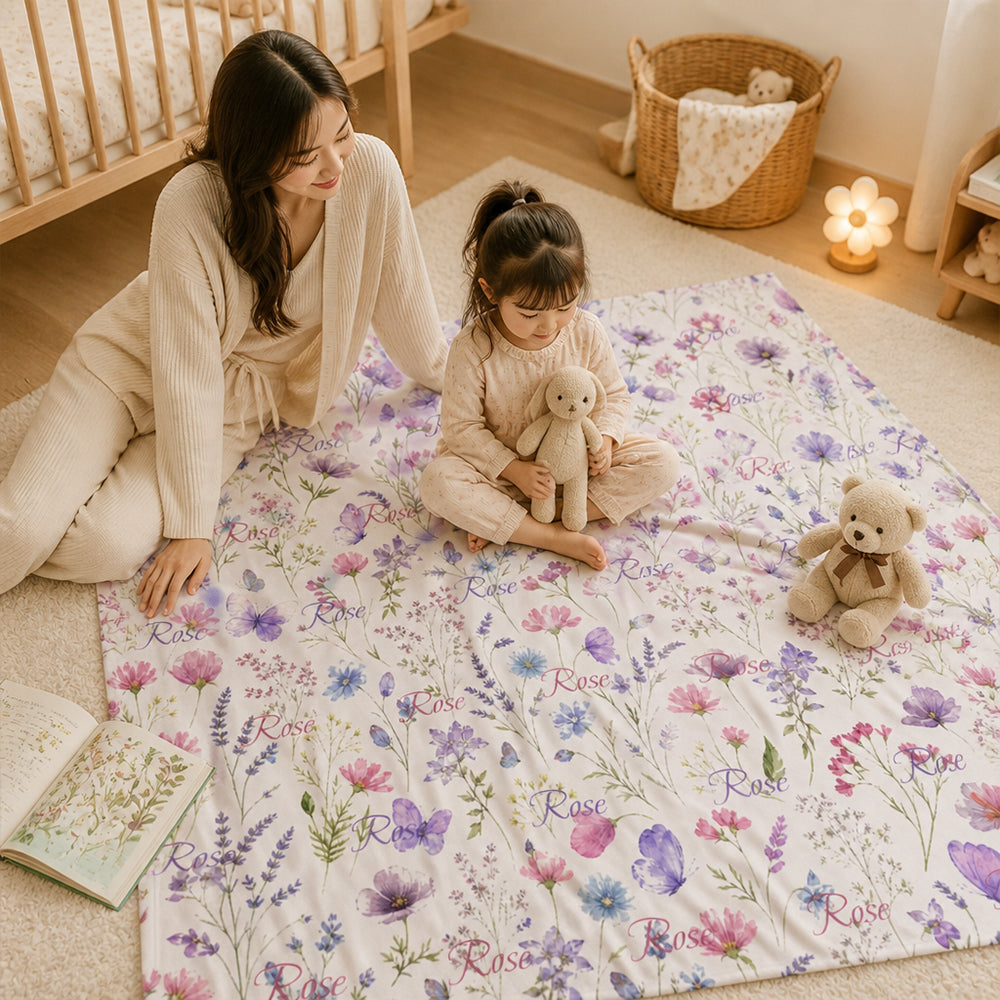 Personalized Wildflower Baby Flannel Blanket with Name Baby Shower Gift for Baby Girl