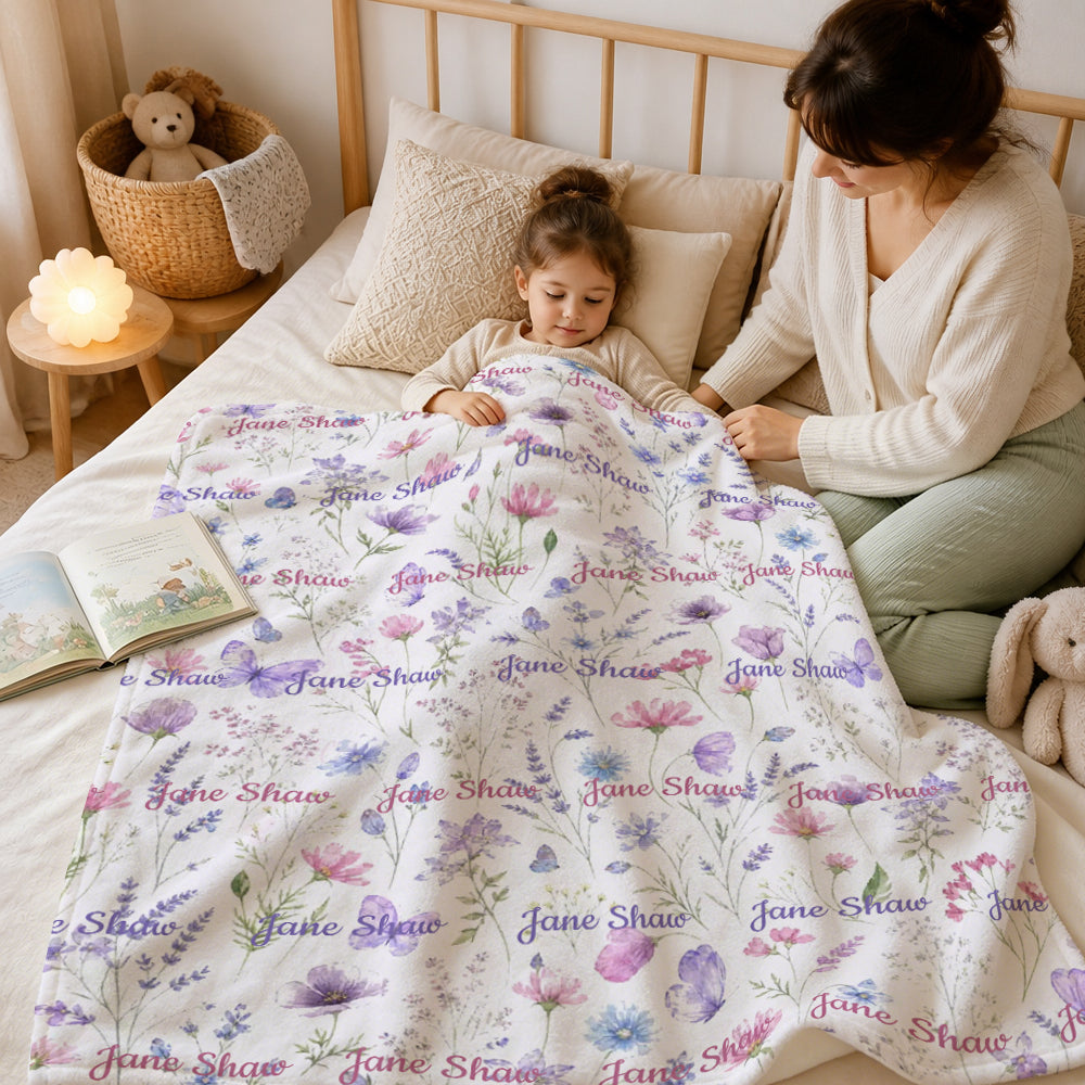 Personalized Wildflower Baby Flannel Blanket with Name Baby Shower Gift for Baby Girl