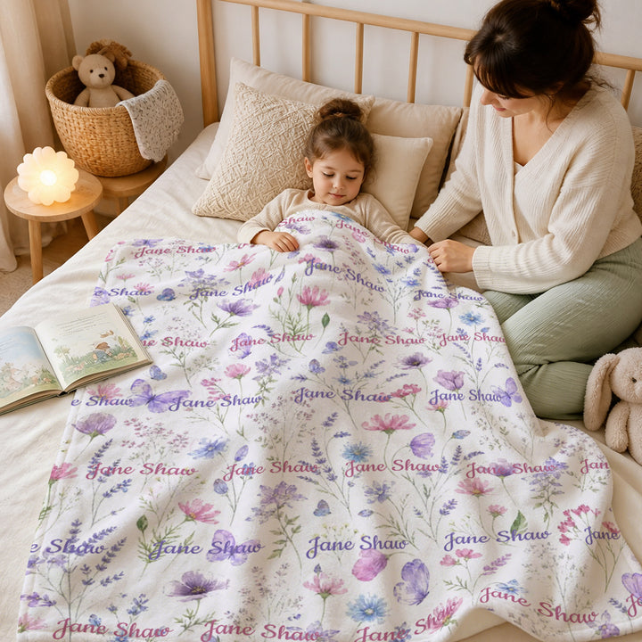 Personalized Wildflower Baby Flannel Blanket with Name Baby Shower Gift for Baby Girl