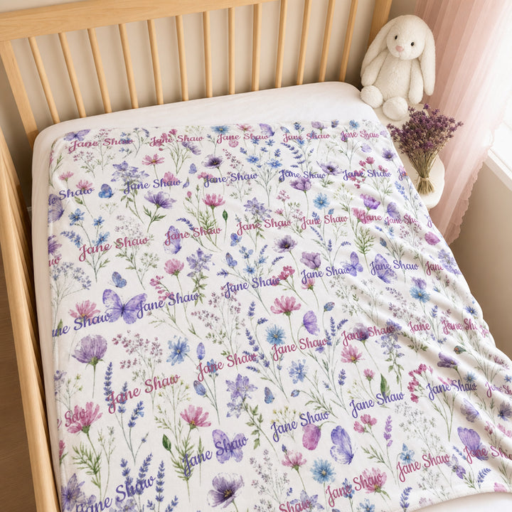 Personalized Wildflower Baby Flannel Blanket with Name Baby Shower Gift for Baby Girl