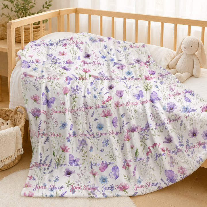 Personalized Wildflower Baby Flannel Blanket with Name Baby Shower Gift for Baby Girl
