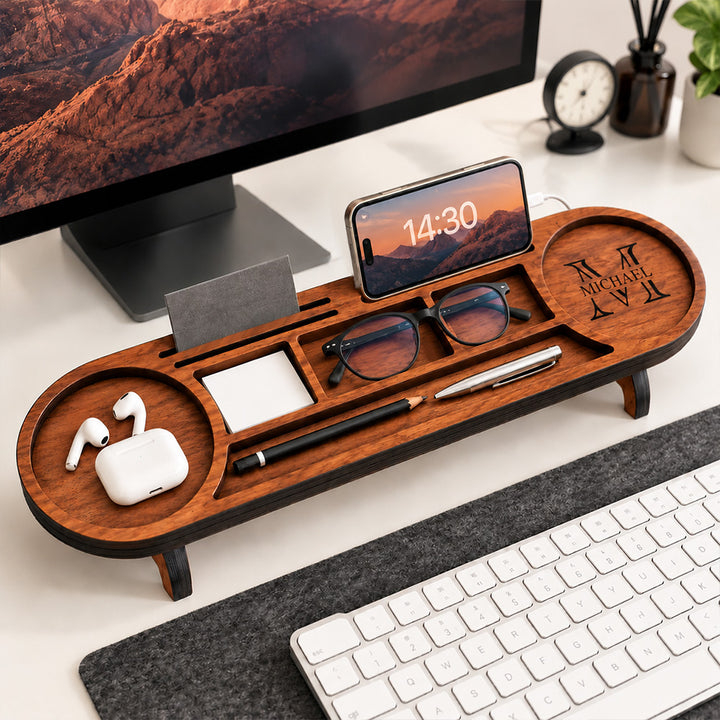 Personalized Wooden Desk Organizer Custom Tablet and Phone Stand Docking Station Office Desk Accessory Practical Gift for Him or Her