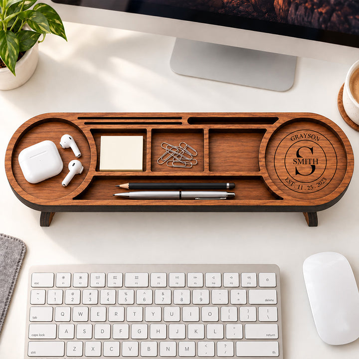 Personalized Wooden Desk Organizer Custom Tablet and Phone Stand Docking Station Office Desk Accessory Practical Gift for Him or Her