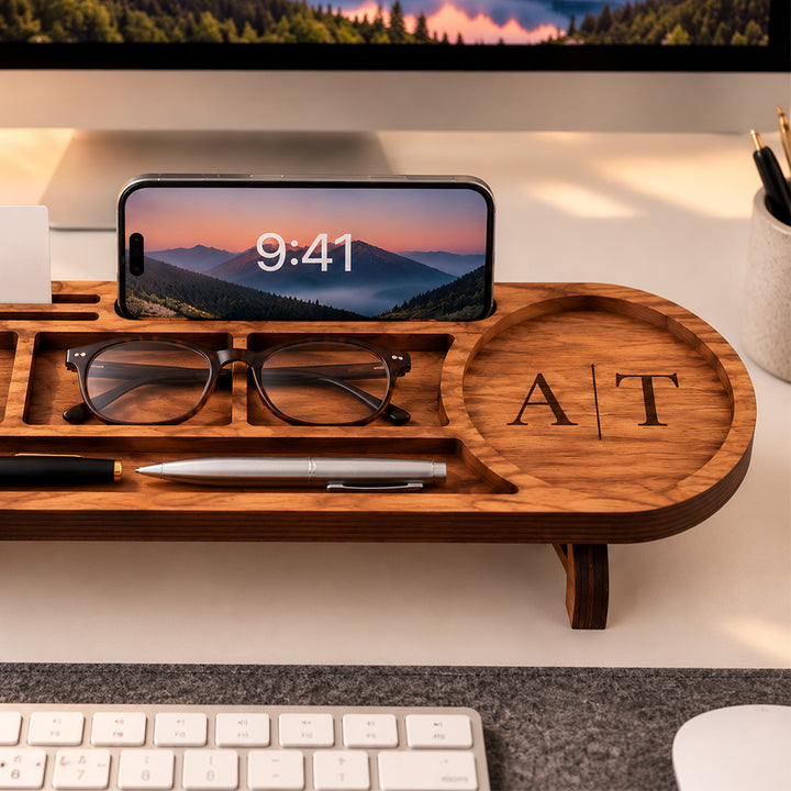 Personalized Wooden Desk Organizer Custom Tablet and Phone Stand Docking Station Office Desk Accessory Practical Gift for Him or Her