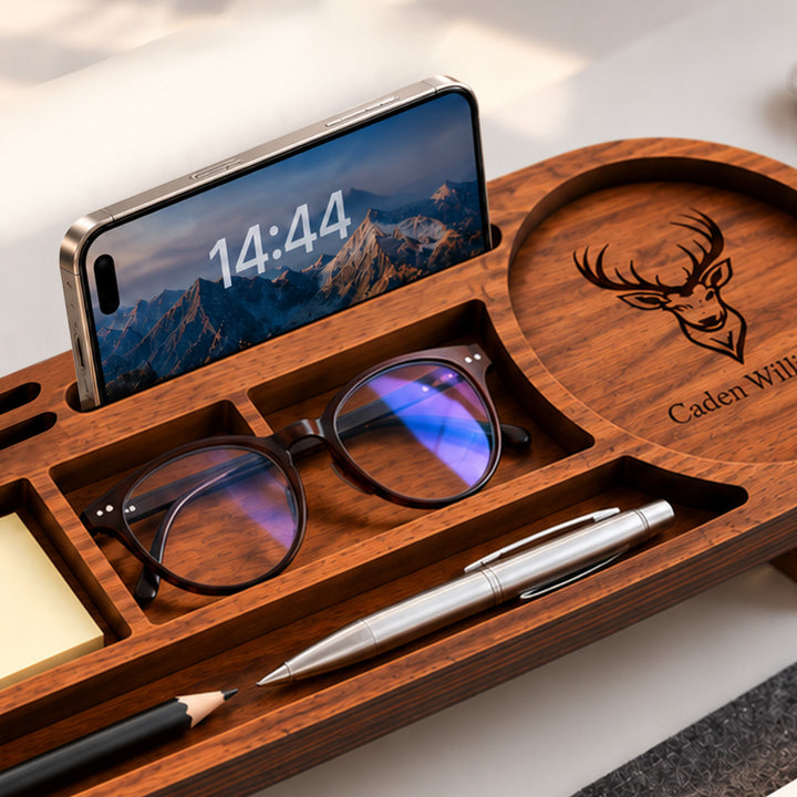 Personalized Wooden Desk Organizer Custom Tablet and Phone Stand Docking Station Office Desk Accessory Practical Gift for Him or Her
