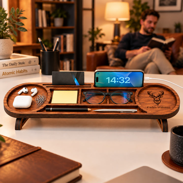 Personalized Wooden Desk Organizer Custom Tablet and Phone Stand Docking Station Office Desk Accessory Practical Gift for Him or Her