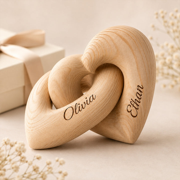Personalized Wooden Heart Sculpture with Couple Names Romantic Anniversary Gift Minimalist Love Keepsake Decor