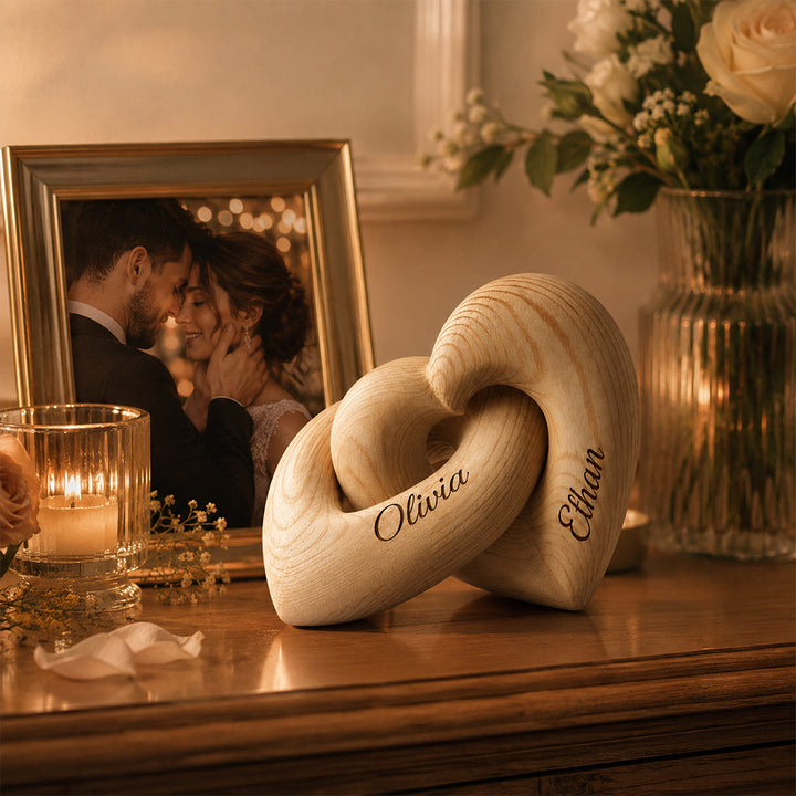 Personalized Wooden Heart Sculpture with Couple Names Romantic Anniversary Gift Minimalist Love Keepsake Decor