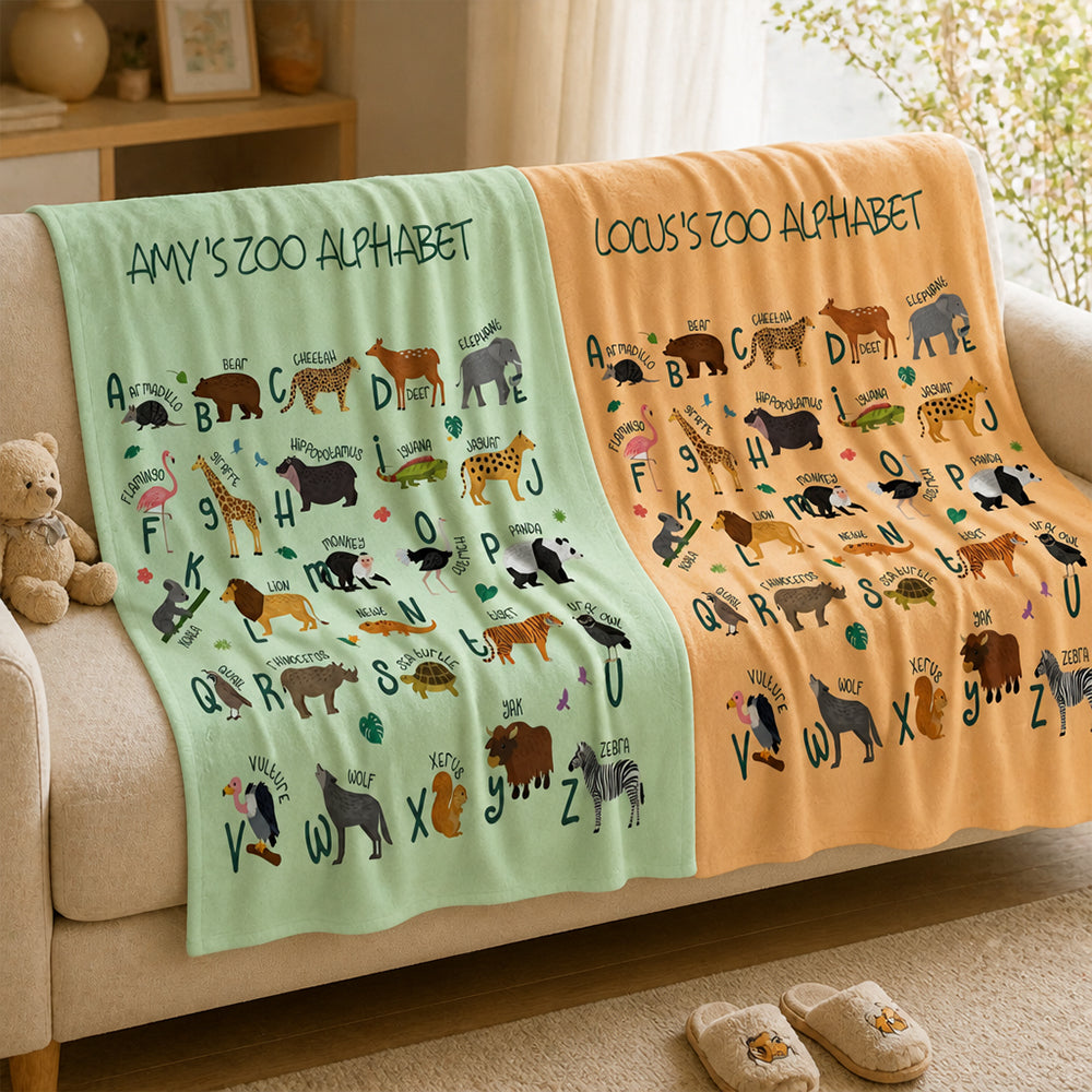 Personalized Zoo Animal Alphabet Flannel Blanket with Name Baby Shower Gift Nursery Decor