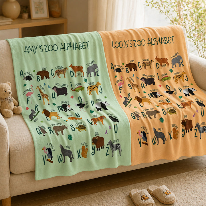 Personalized Zoo Animal Alphabet Flannel Blanket with Name Baby Shower Gift Nursery Decor