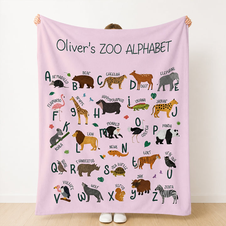 Personalized Zoo Animal Alphabet Flannel Blanket with Name Baby Shower Gift Nursery Decor