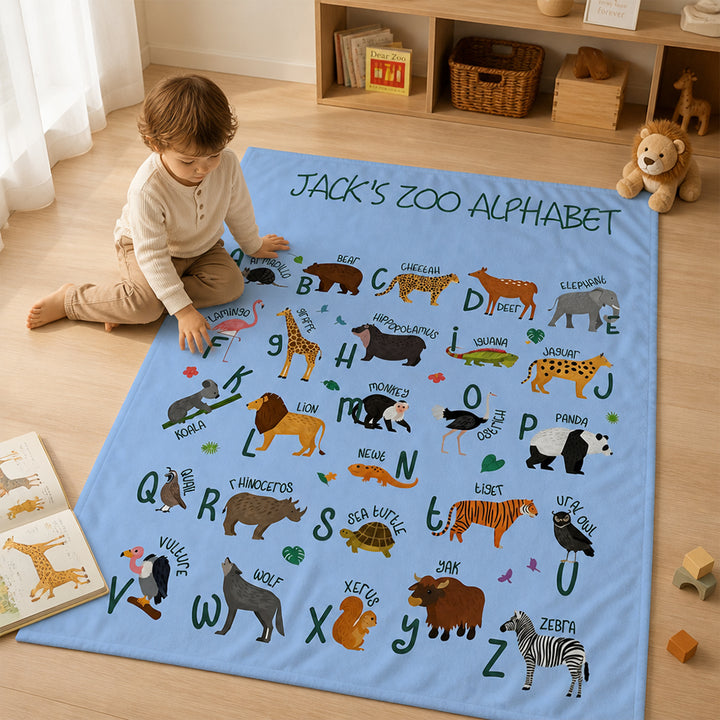 Personalized Zoo Animal Alphabet Flannel Blanket with Name Baby Shower Gift Nursery Decor