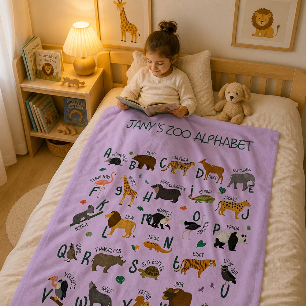 Personalized Zoo Animal Alphabet Flannel Blanket with Name Baby Shower Gift Nursery Decor