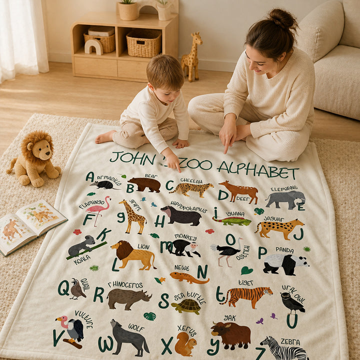 Personalized Zoo Animal Alphabet Flannel Blanket with Name Baby Shower Gift Nursery Decor