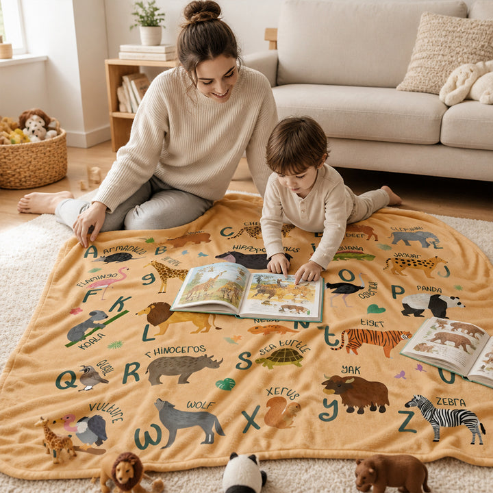 Personalized Zoo Animal Alphabet Flannel Blanket with Name Baby Shower Gift Nursery Decor