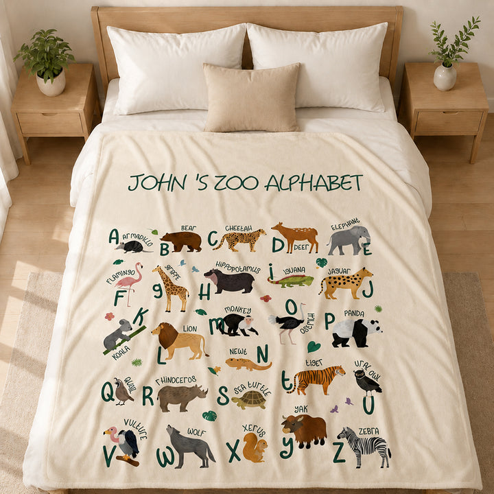 Personalized Zoo Animal Alphabet Flannel Blanket with Name Baby Shower Gift Nursery Decor