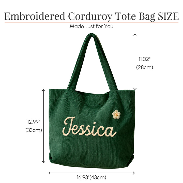 Personalized Embroidered Corduroy Tote Bag with Zipper Custom Gift For Her Summer Shoulder Bag