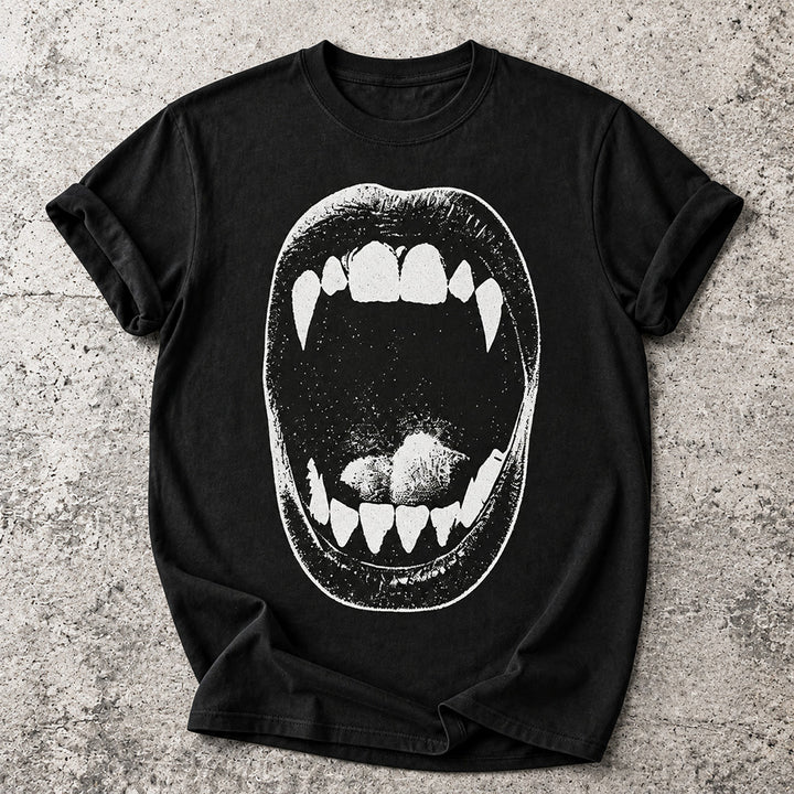 Vampire Fangs Graphic Mouth Print T Shirt Gothic Retro Short Sleeve Crewneck Tee Perfect Aesthetic Gift