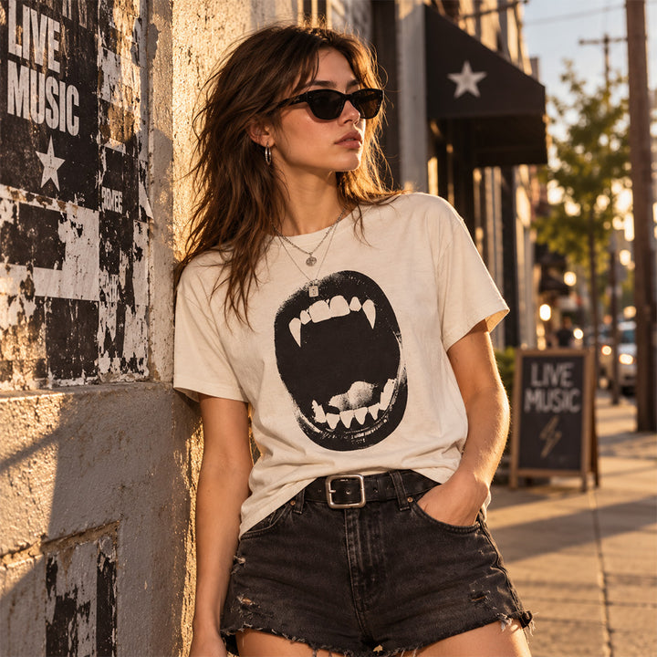 Vampire Fangs Graphic Mouth Print T Shirt Gothic Retro Short Sleeve Crewneck Tee Perfect Aesthetic Gift