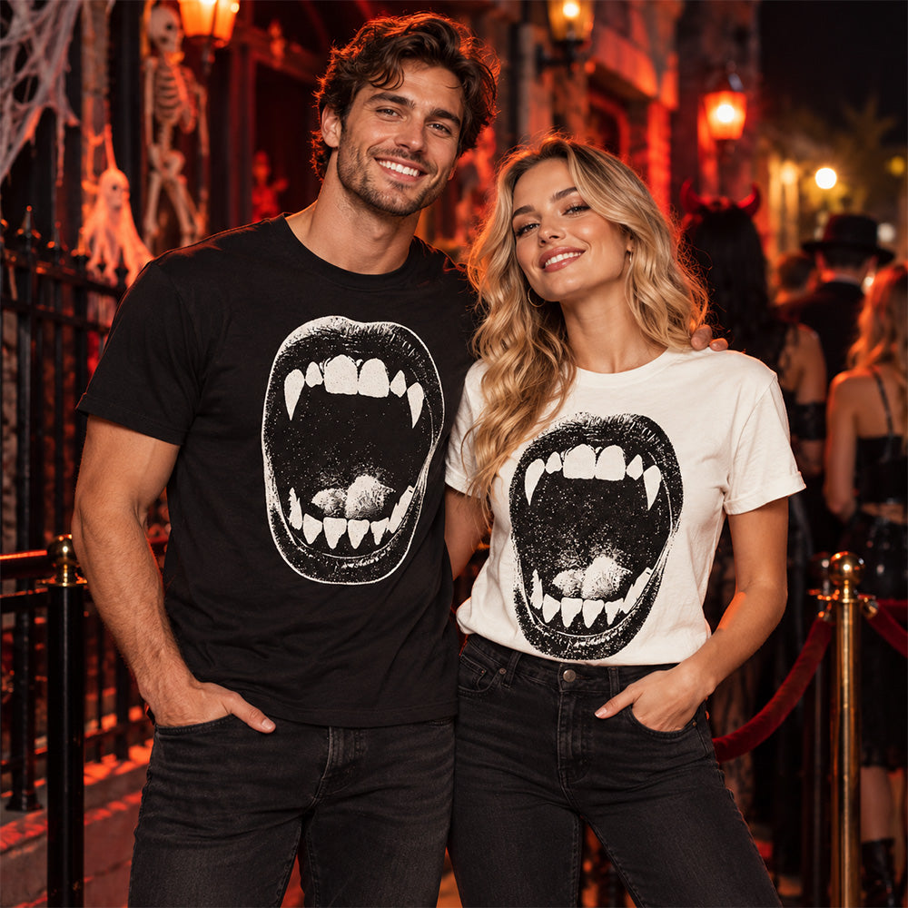Vampire Fangs Graphic Mouth Print T Shirt Gothic Retro Short Sleeve Crewneck Tee Perfect Aesthetic Gift