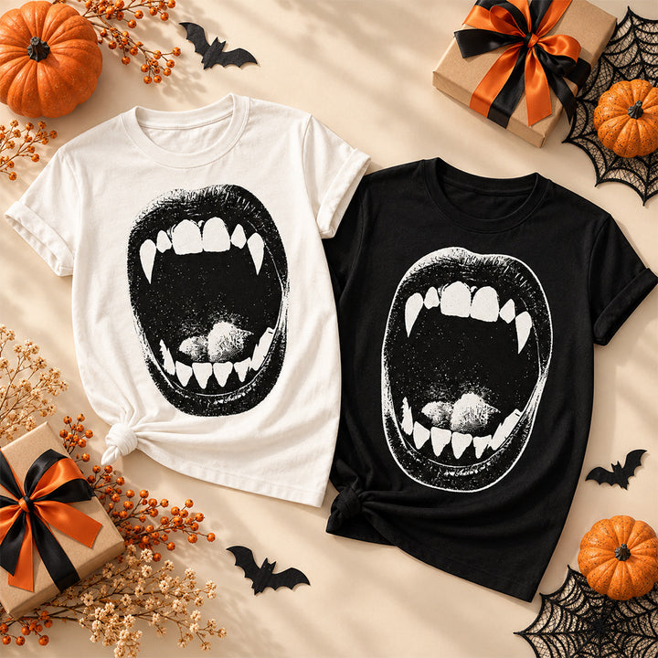 Vampire Fangs Graphic Mouth Print T Shirt Gothic Retro Short Sleeve Crewneck Tee Perfect Aesthetic Gift