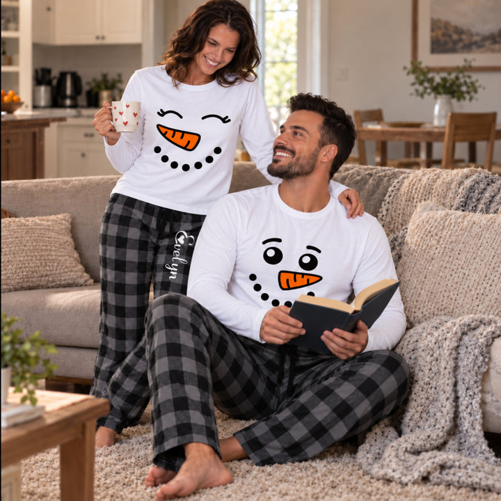 Personalized Snowman Couples Christmas Pajama Set Custom Matching Holiday Sleepwear with Names Cozy Christmas Gift for Couples