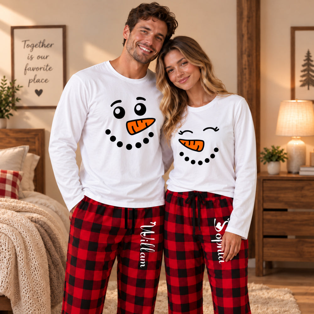 Personalized Snowman Couples Christmas Pajama Set Custom Matching Holiday Sleepwear with Names Cozy Christmas Gift for Couples