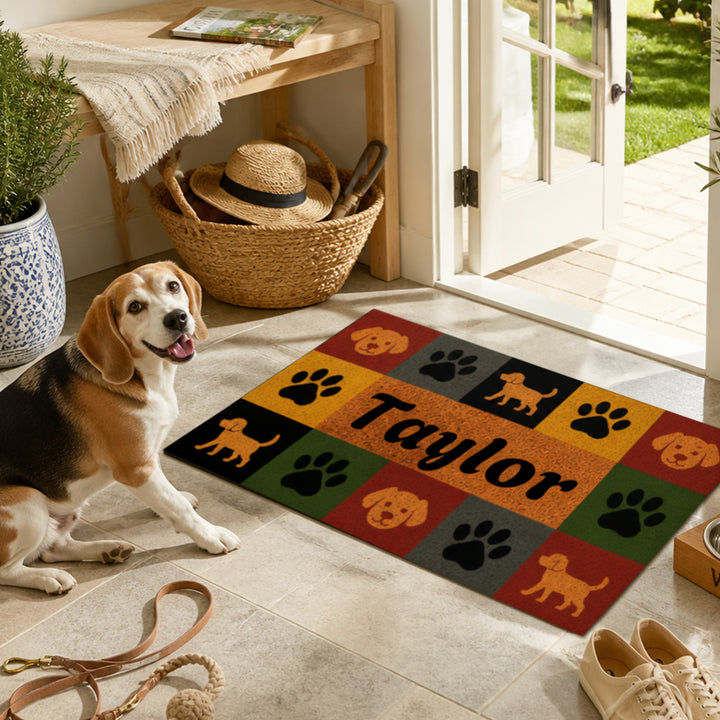 Personalized Pet Paw Silhouette Coir Doormat Custom Name Color Block Pet Welcome Mat Housewarming Gift for Dog Lovers