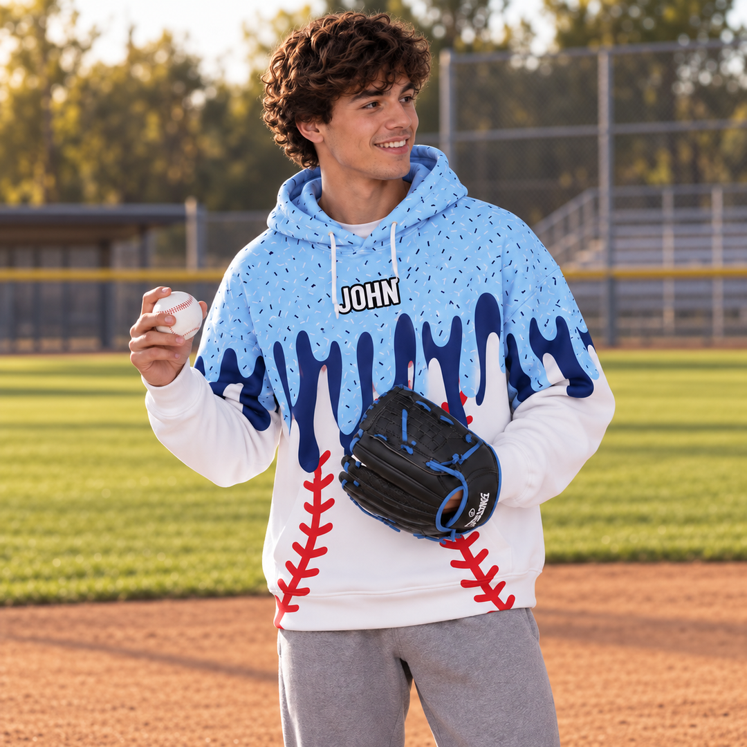 Personalized Ice Cream Drip Sports Hoodie Custom Baseball Softball Soccer Football Basketball Hockey Pullover Gift for Athletes Sports Fans