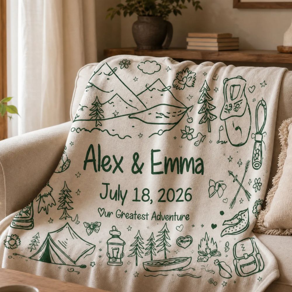 Personalized Adventure Blanket Camping Couple Hiking Anniversary Engagement Gift