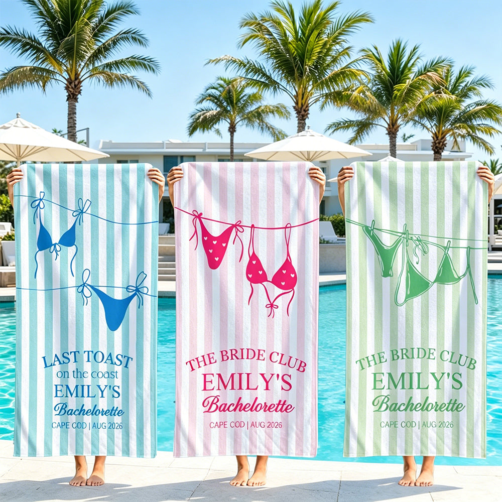 Personalized Bikini Beach Towel Custom Name Bachelorette Party Girls Trip 2026 Bachelorette Towels Beach Bachelorette Party Gifts