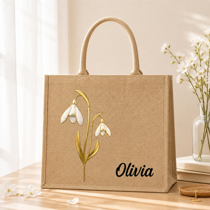 Personalized Birth Flower Jute Tote Bag Custom Name Bridesmaid Birthday Mother&