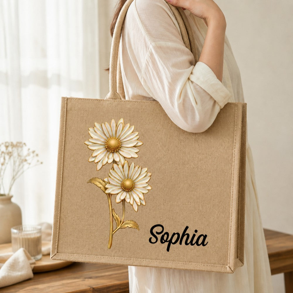 Personalized Birth Flower Jute Tote Bag Custom Name Bridesmaid Birthday Mother&