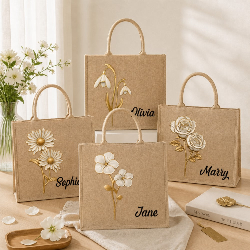 Personalized Birth Flower Jute Tote Bag Custom Name Bridesmaid Birthday Mother&