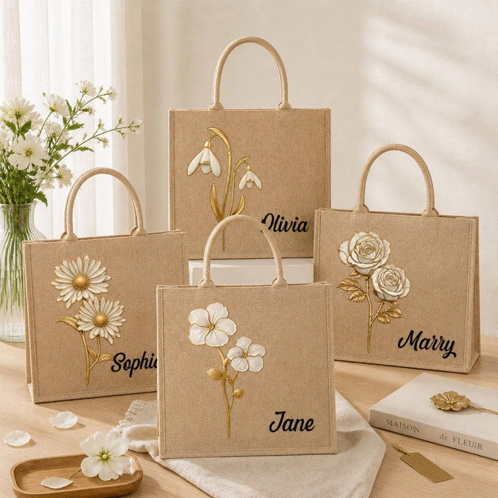 Personalized Birth Flower Jute Tote Bag Custom Name Bridesmaid Birthday Mother&