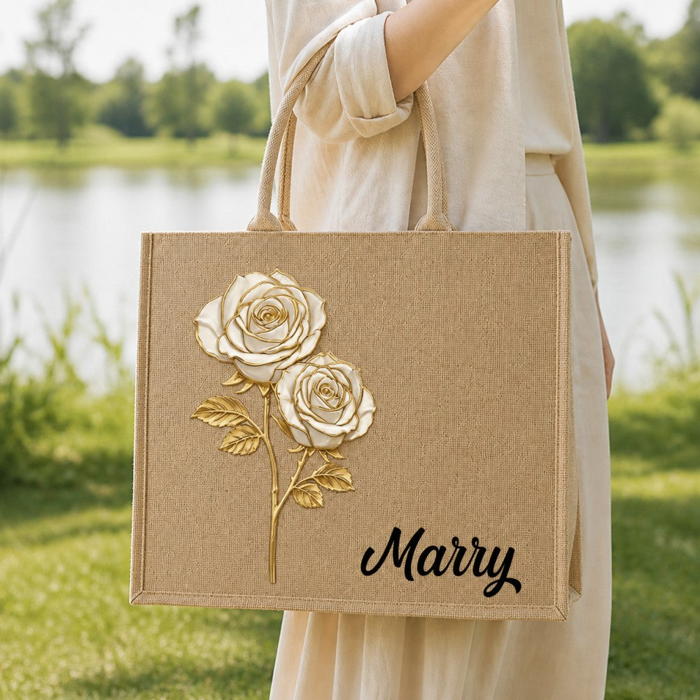 Personalized Birth Flower Jute Tote Bag Custom Name Bridesmaid Birthday Mother&