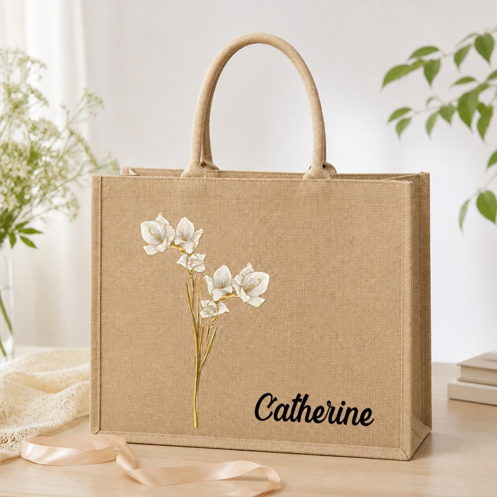 Personalized Birth Flower Jute Tote Bag Custom Name Bridesmaid Birthday Mother&