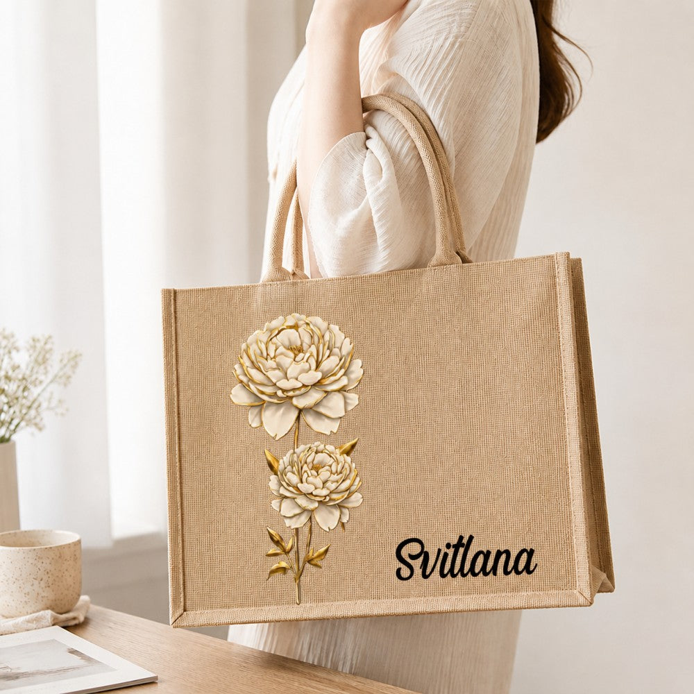 Personalized Birth Flower Jute Tote Bag Custom Name Bridesmaid Birthday Mother&