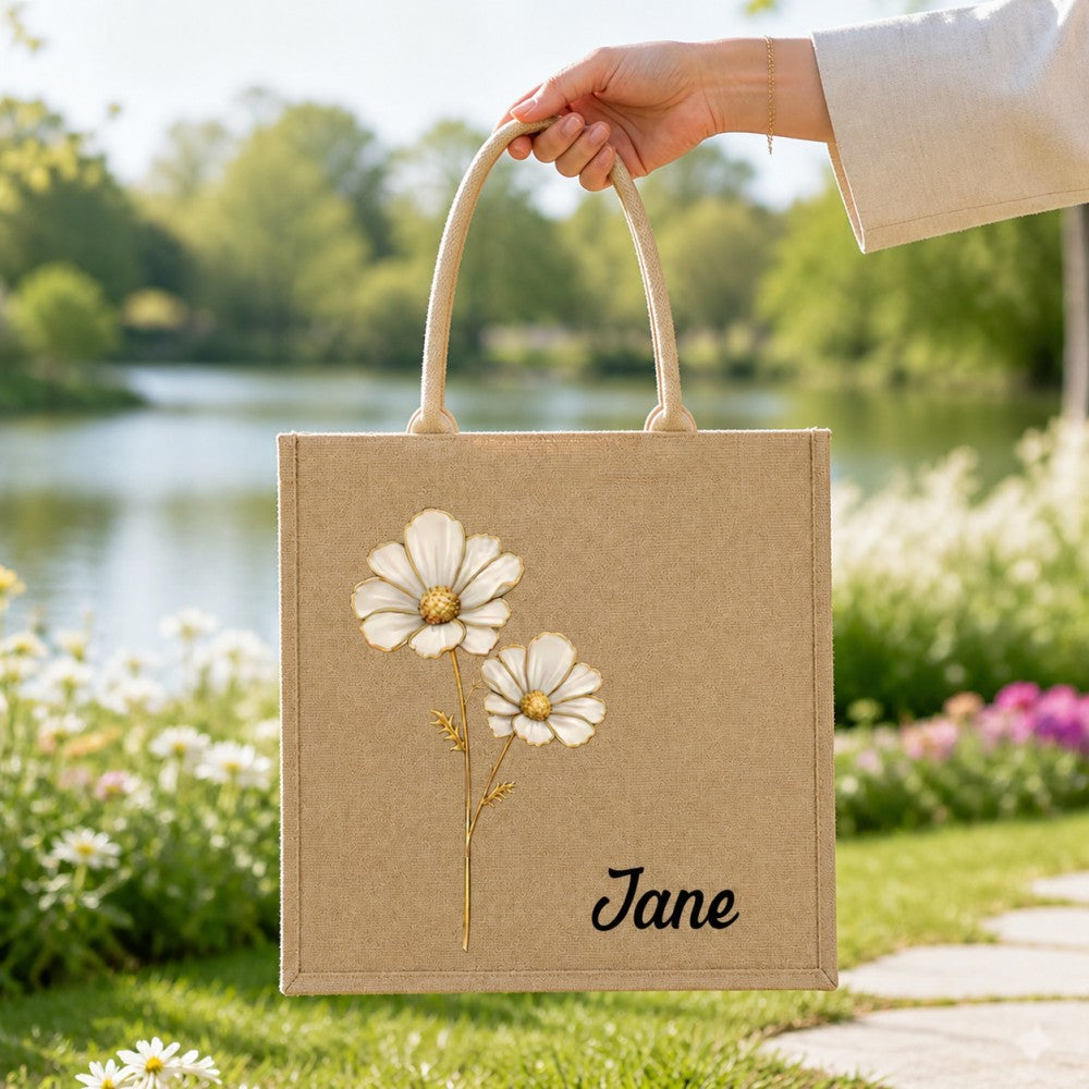Personalized Birth Flower Jute Tote Bag Custom Name Bridesmaid Birthday Mother&