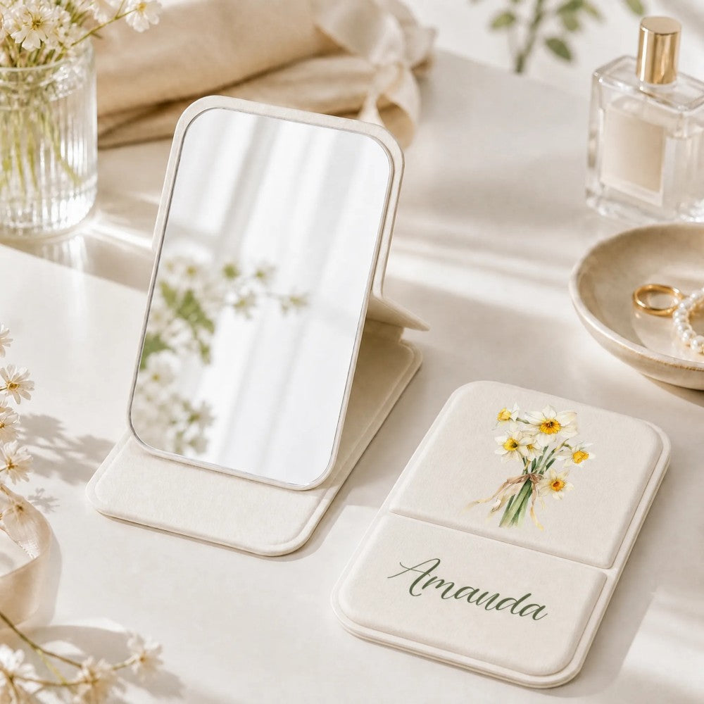 Personalized Birth Flower Makeup Mirror Custom Name Folding Pocket Mirror Bridesmaid Birthday Gift for Her