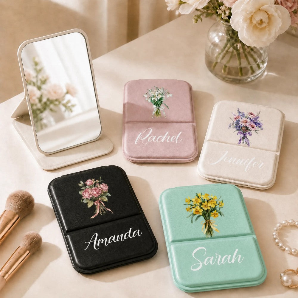 Personalized Birth Flower Makeup Mirror Custom Name Folding Pocket Mirror Bridesmaid Birthday Gift for Her