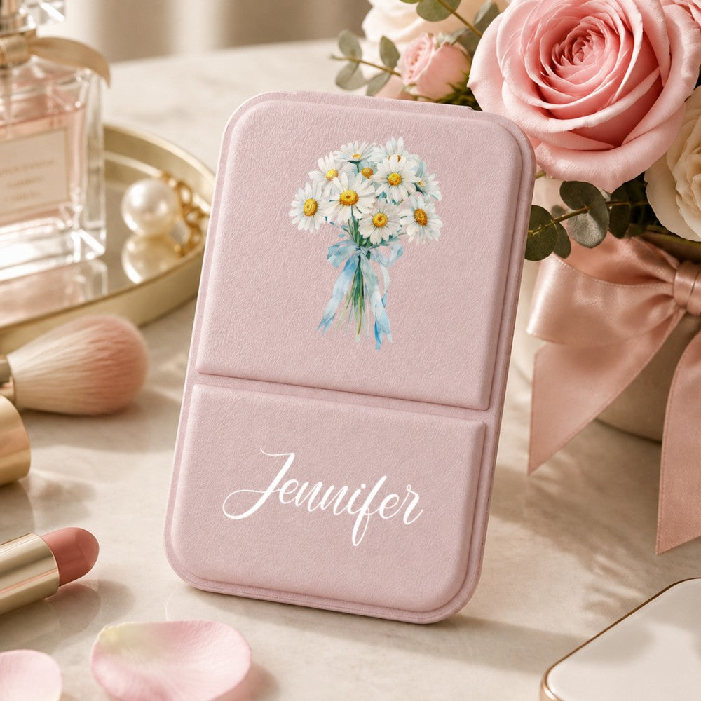 Personalized Birth Flower Makeup Mirror Custom Name Folding Pocket Mirror Bridesmaid Birthday Gift for Her