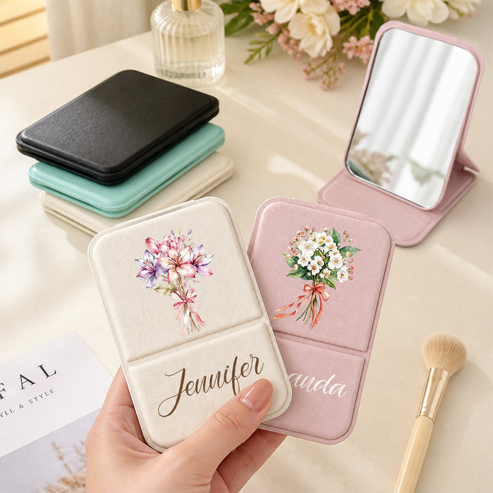 Personalized Birth Flower Makeup Mirror Custom Name Folding Pocket Mirror Bridesmaid Birthday Gift for Her