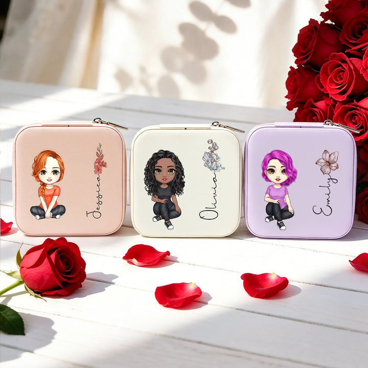 Personalized Cartoon Portrait Jewelry Box Custom Birth Flower Name Bridesmaid Birthday Gift for Her