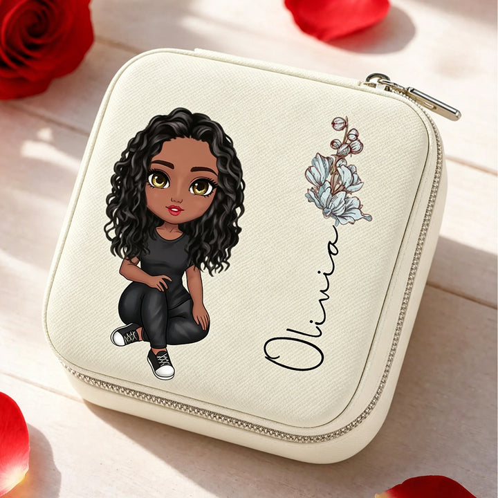 Personalized Cartoon Portrait Jewelry Box Custom Birth Flower Name Bridesmaid Birthday Gift for Her
